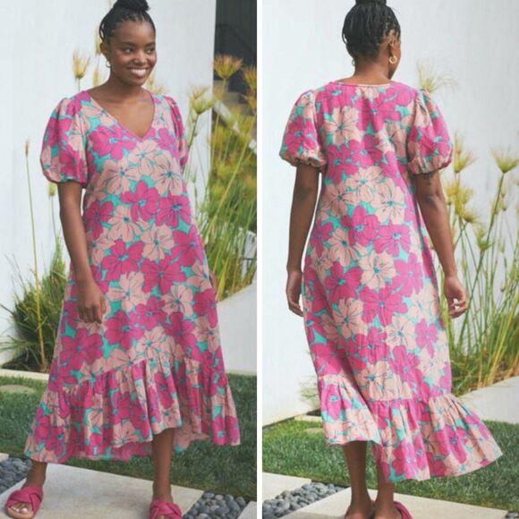 The Odells x Oh Joy Julia Maxi Dress Pink Floral Hibiscus Puff Sleeves Size S - Picture 2 of 12
